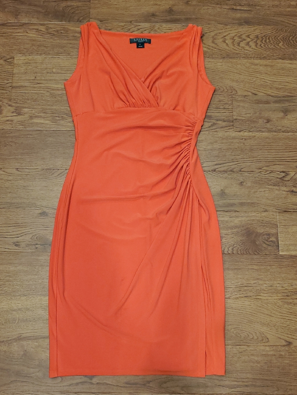 Lauren Ralph Lauren Coral-Orange Sleeveless Faux-Wrap Shirred Dress Womens 2